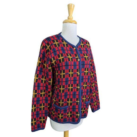 Vintage Crystal Kobe Cardigan Medium Red Blue Boxy Nordic Gold Buttons Pockets - Picture 10 of 14